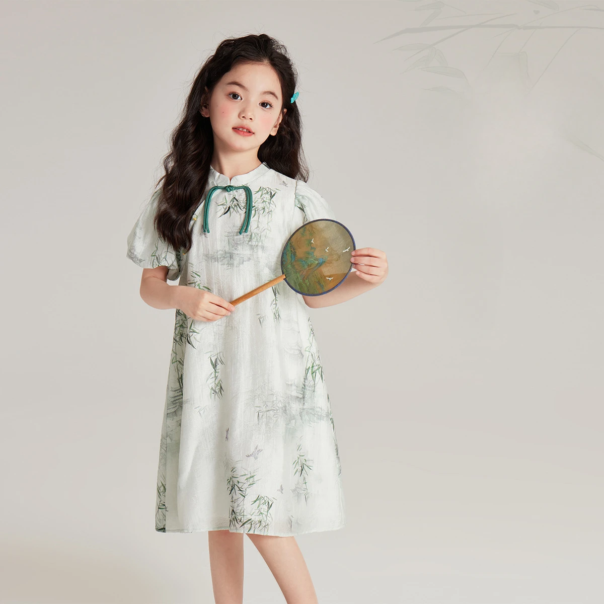 

Girl Dress 2024 Summer New Children Dress Dark Green Bamboo Ancient Dress New Chinese Baby Girl Green Art Style Skirt