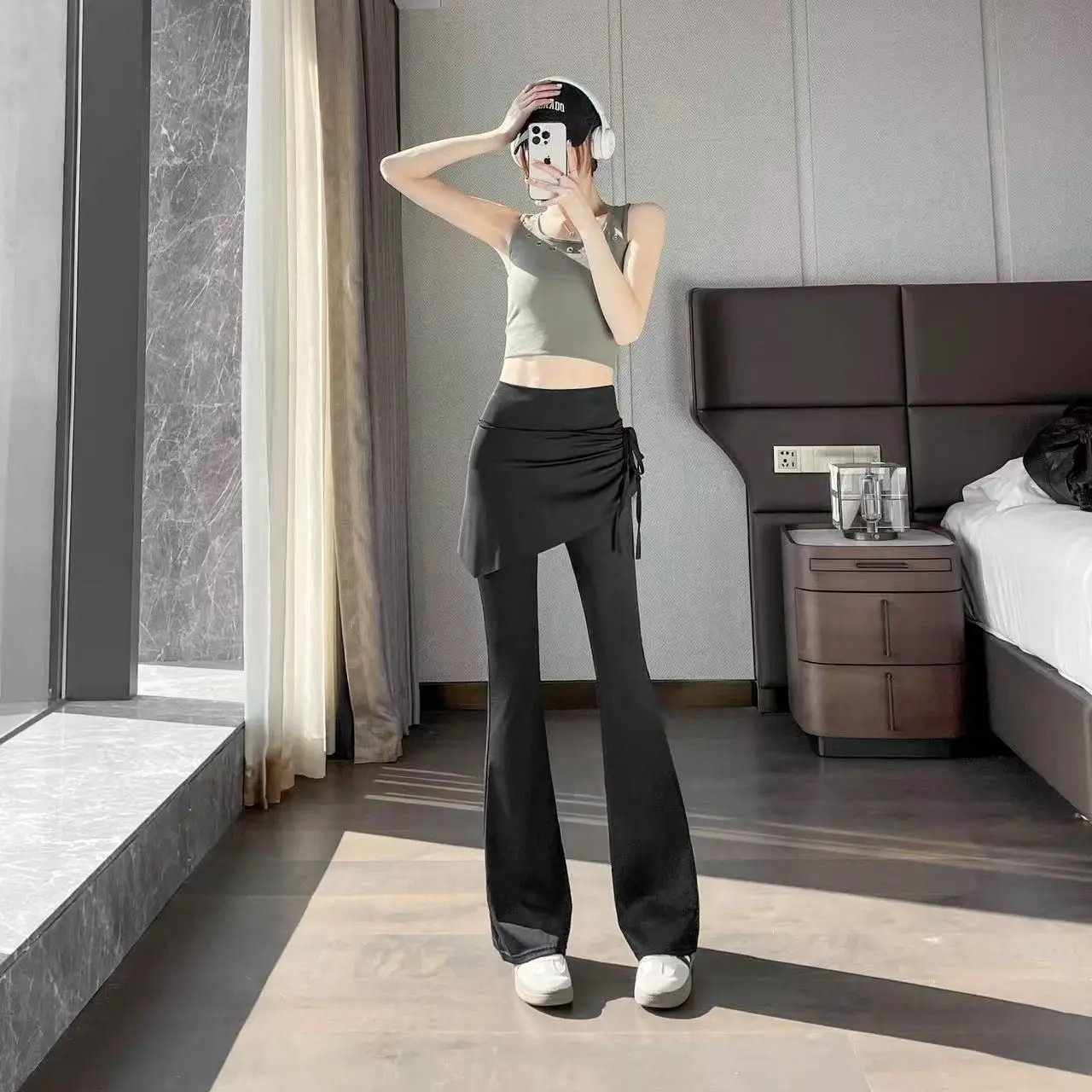 Women's High-Waisted Flared Yoga Pants with Two-in-One Skirt Overlay Tassel Details Fitness Base Layer Casual Outdoor Yoga Pants