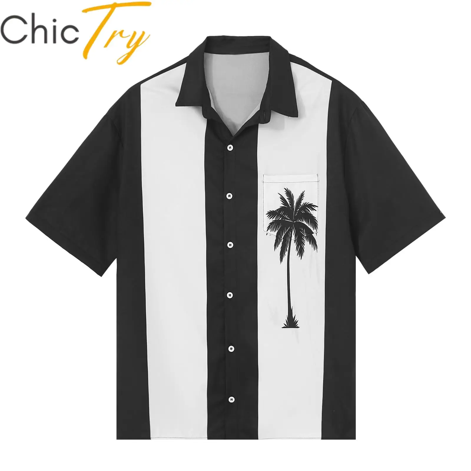 

Mens 50s Retro Button Down Bowling Shirt Short Sleeve Cuban Style Retro Camp Turn-Down Collar Shirts Tops for Holiday Beachwear