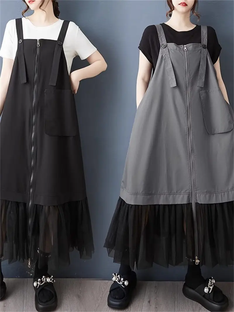 Spaghettiträgerkleid im japanischen Stil mit Mesh-Ausschnitt – lockeres, übergroßes, lässiges Sommerkleid für Damen, modisch und vielseitig G1011