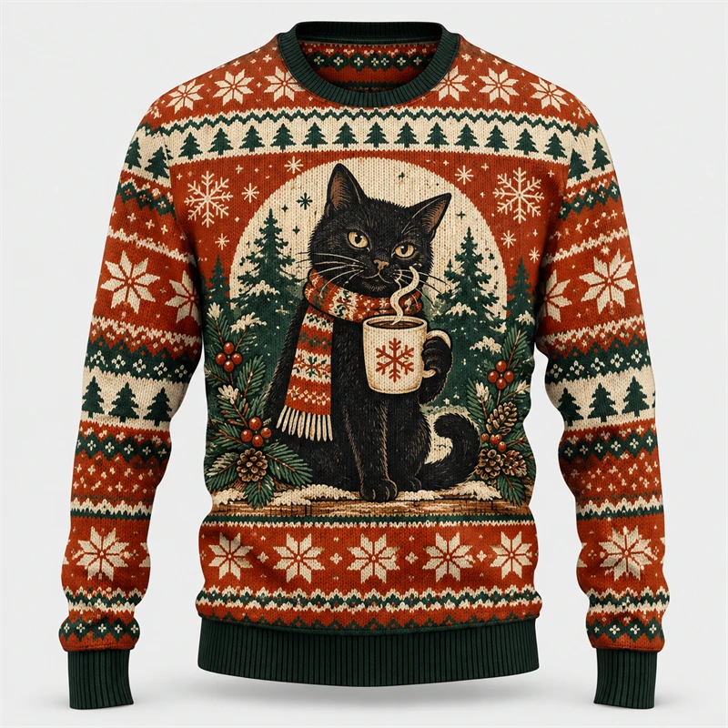 Black Cat Coffee Graphic Unisex Ugly Christmas Sweatshirt 3D Print Ugly Sweater Holiday Party Pullover Xmas Gift Fall Winter Top