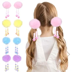 ncmama 2Pcs Fur Pom Pom Ball Hair Clips Hair Ball Hairpin Sweet Girls Tassels Hairgrips Headwear Barrettes Baby Hair Accessories