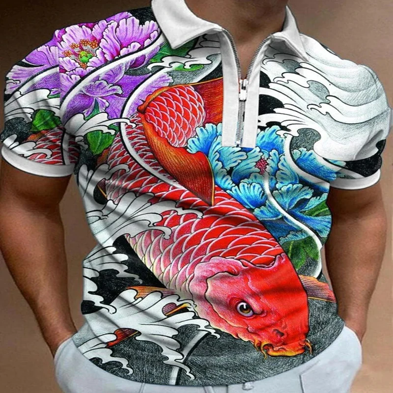 Red Fish and Flower 3D Print Polo Zipper Short Sleeve Shirt for Men