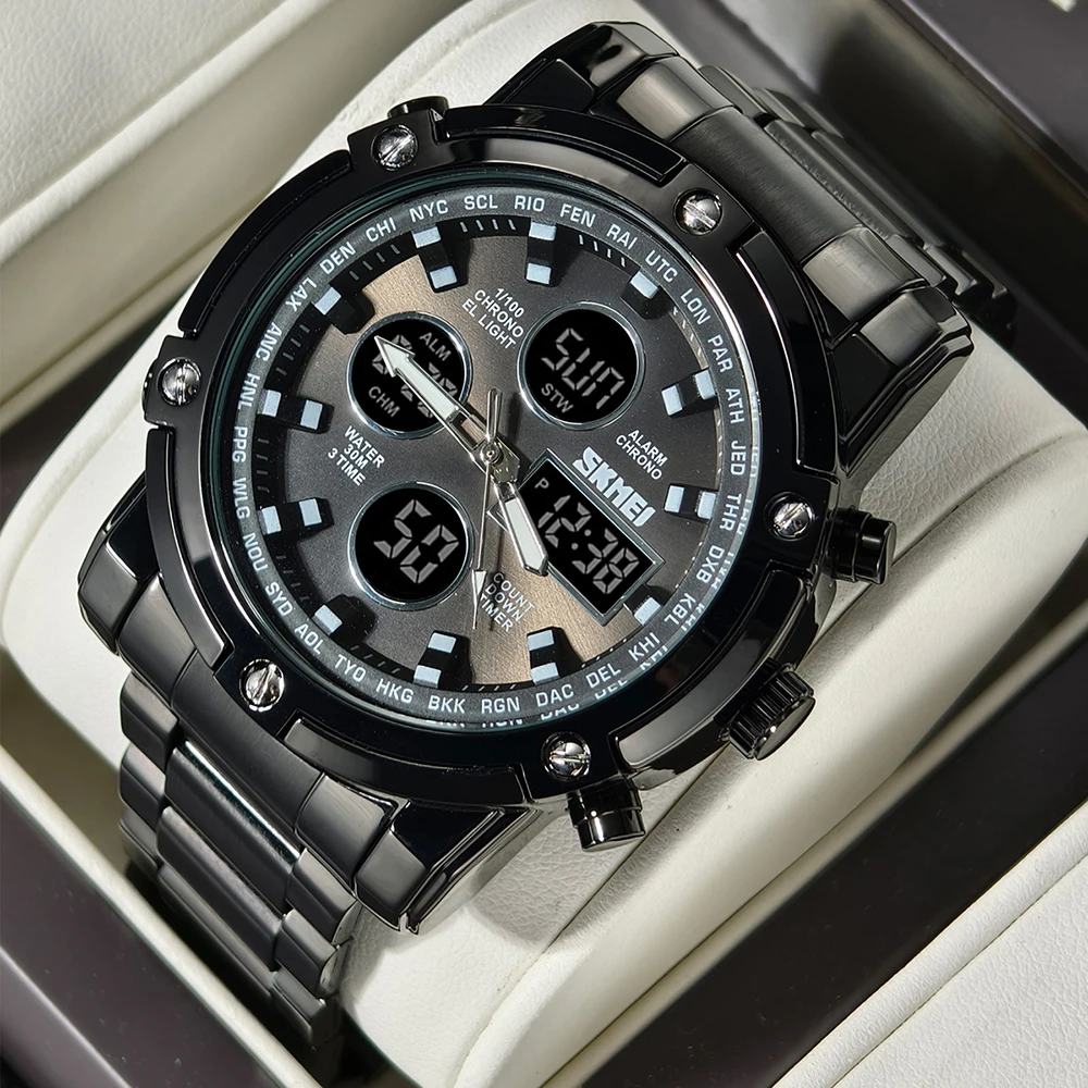 

SKMEI 3-часовые модные часы-будильник, деловые часы из нержавеющей стали, электронные наручные часы с обратным отсчетом и датой, цифровые часы для мужчин и женщин