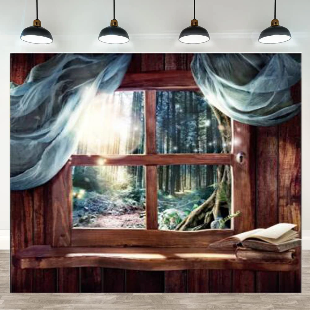 Photography Backdrop Wood Panels Window Exterior Natural Scenic Background Forest Light Bokeh Banner For Kids Photo Studio