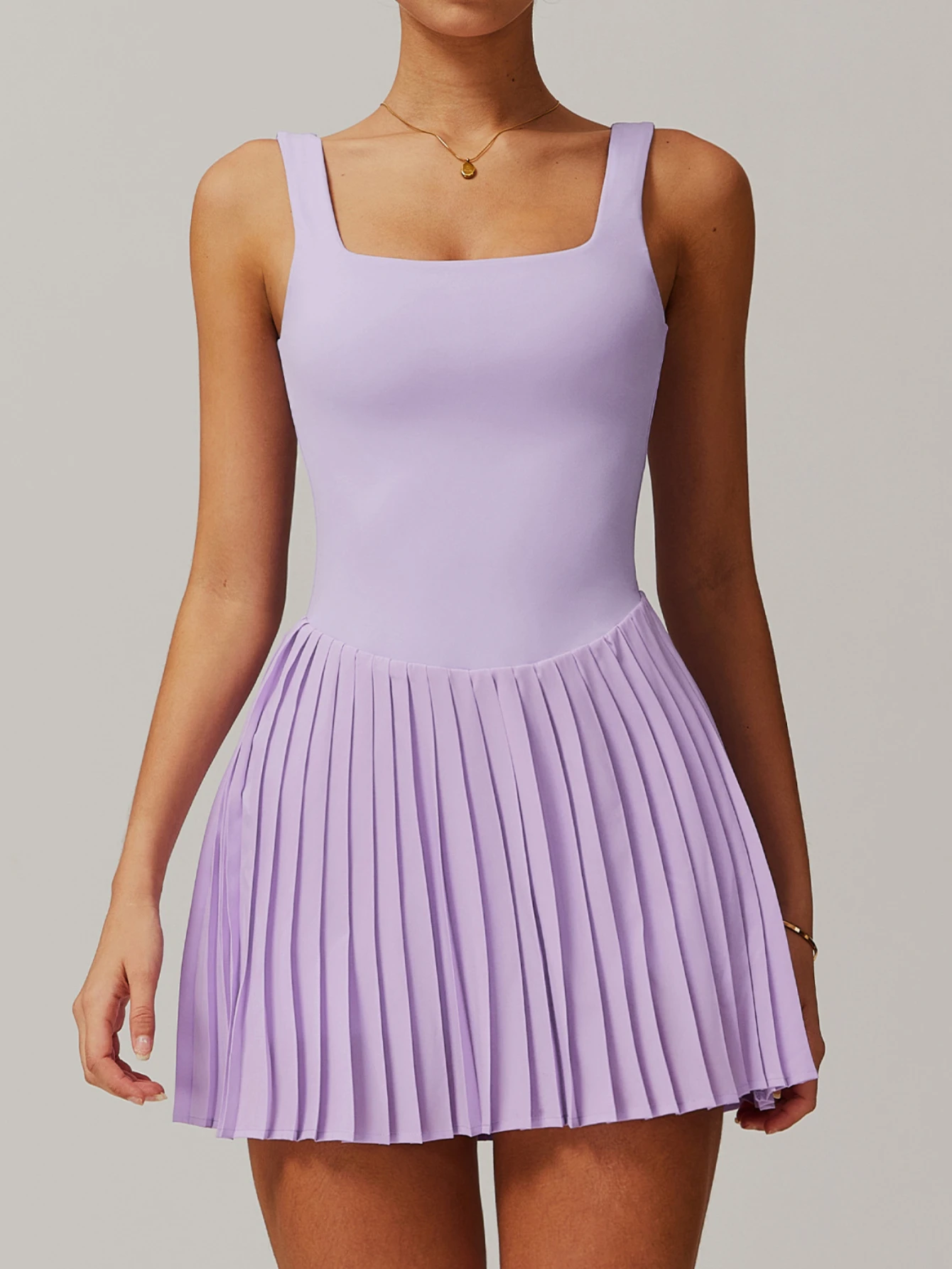 Fake Two Tennis Dresses Women's Solid Color Sports Yoga Dress Anti-exposure Liner Shorts High Waist Pleated Skirt with Pocket - Image 6
