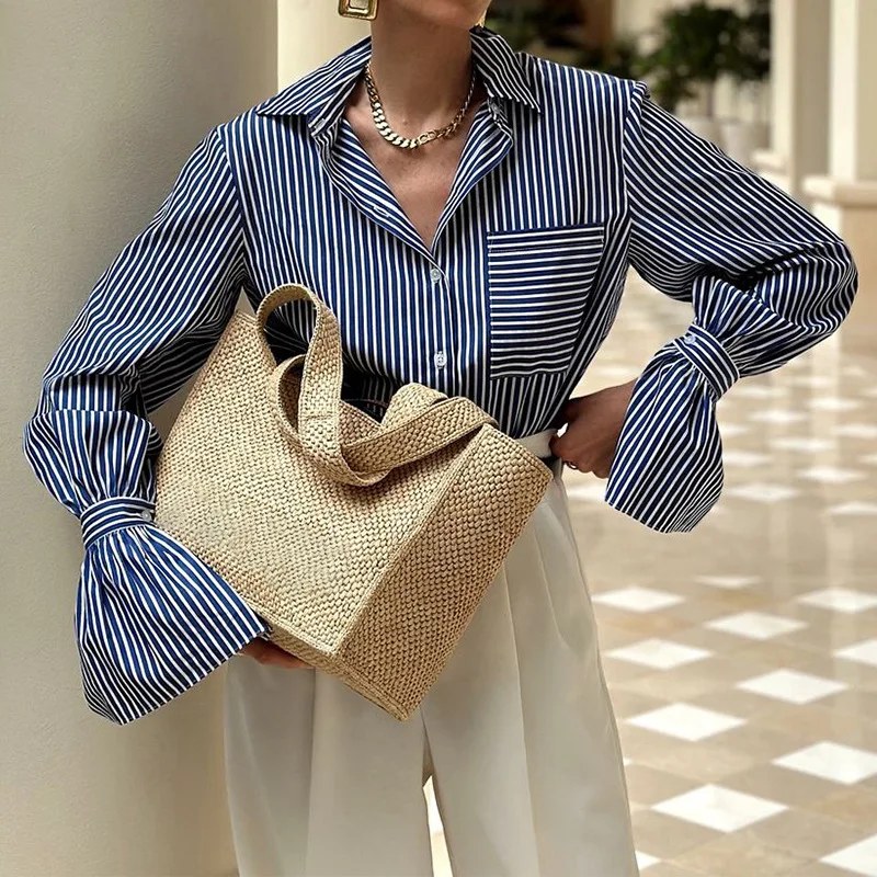 

Shirt Women Blouses Casual Tops Work Stripe Blouses Long Sleeve Shirts Slim Y2k Streetwear Top Basic 2025 Spring Autumn Blouse