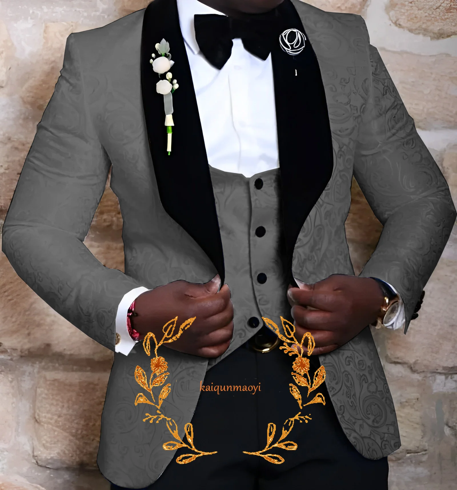 Jacquard Royal Blue Men\'s Suit 3 Piece Groom Wedding Tuxedo Velvet Collar Formal Party Dress Elegant Suit
