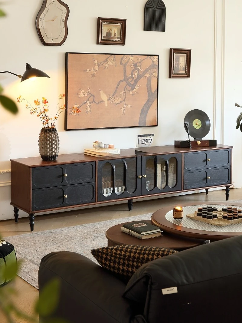 

French medieval style solid wood black TV cabinet retro living room small apartment wall-against integrated storage cabinet