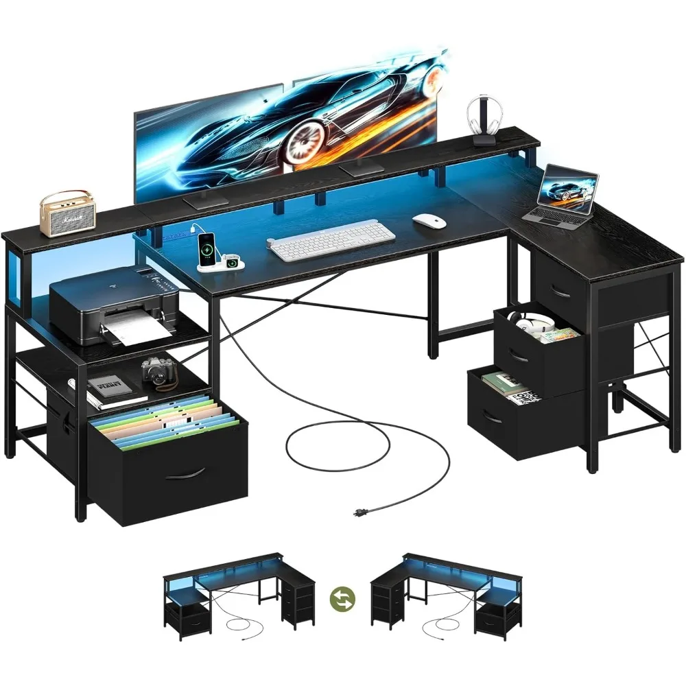 LShaped Desk with Drawers, Gaming Desk with LED Lights& Outlets,Reversible Computer Desk with Storage File Cabinet&Printer Stand