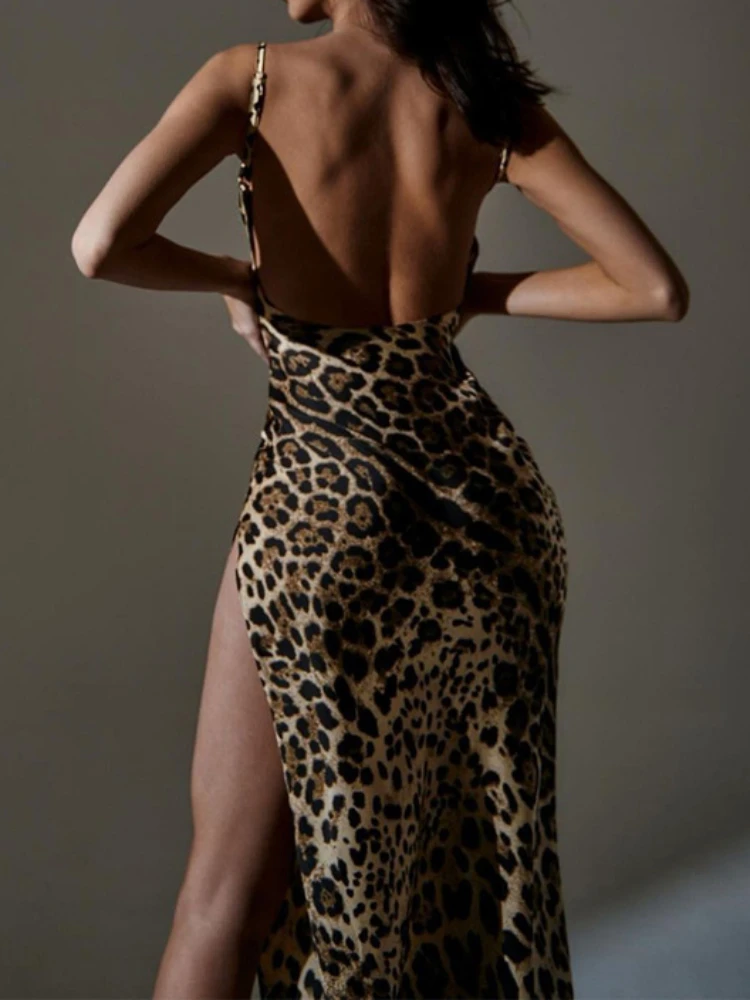 Sexy Side Thigh-high Split Leopard Print Maxi Dress Women Spaghetti Strap Backless Long Dress Elegant Club Party Vestidos