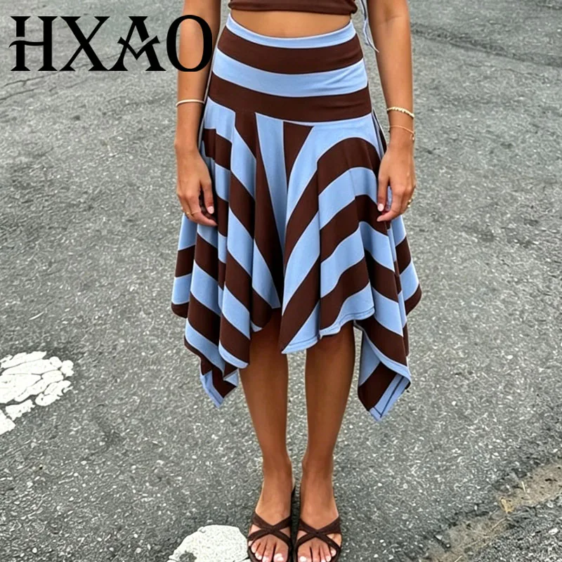 HXAO Women's Skirt Striped Asymmetric Skirts For Women Summer Brown Blue Pleats Midi Skirt Casual Chic Beach Vacation Bottoms