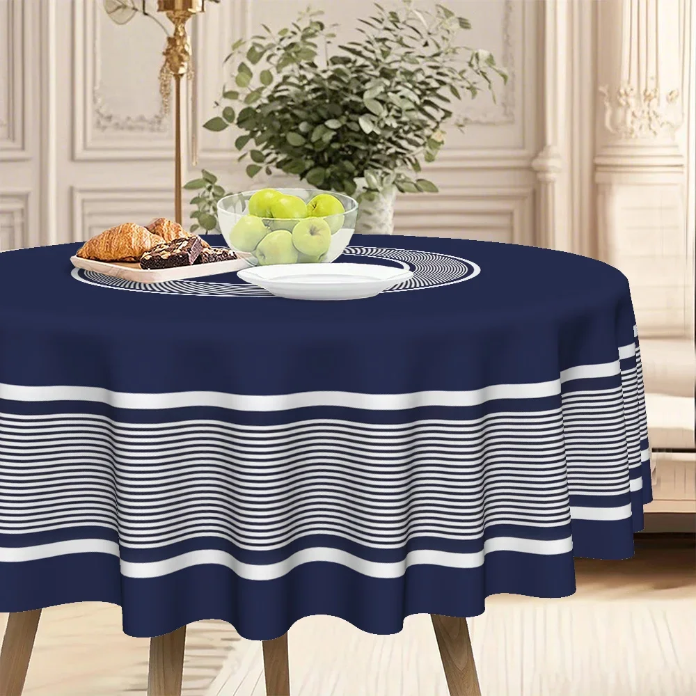 1pc Blue-White Contrasting Lines Printed Round Tablecloth for Kitchen or Dining Room, 2025 New Design,Desktop Decorative Itemxzj