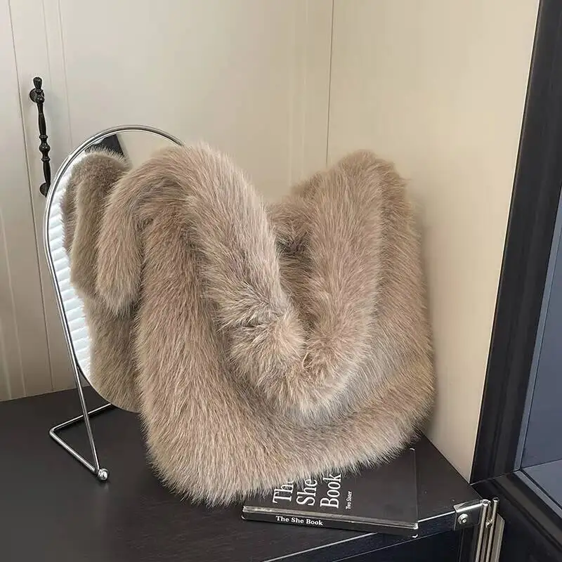 Faux Fur Slouchy Hobo Shoulder Bag with Plush Integrated Strap Large Capacity Fashion Handbag for Daily Casual Outfits