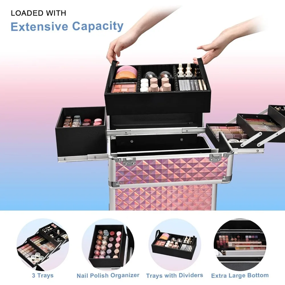 Large Rolling Makeup Train Case with 4 Trays, Sliding Rail, Removable Layer, Key Lock & Swivel Wheels for Salon Travel