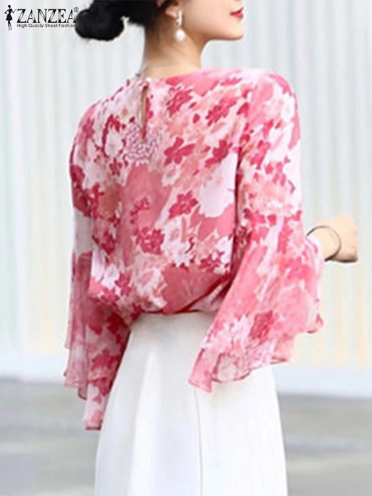 ZANZEA Elegant Flared 3/4 Sleeve Women Chiffon Blouse Summer Printing Tops Vintage Chiffon Tops Holiday Retro Floral Print Tunic