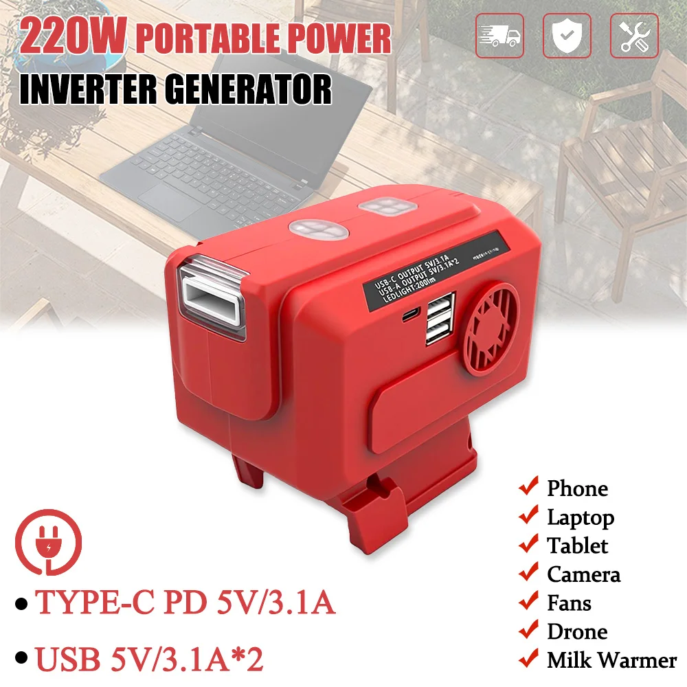 

Portable 200W Power Inverter for Milwaukee 20V Battery, AC Outlet & USB-C Charging, 110V/120V Converter, for Camping, Travel