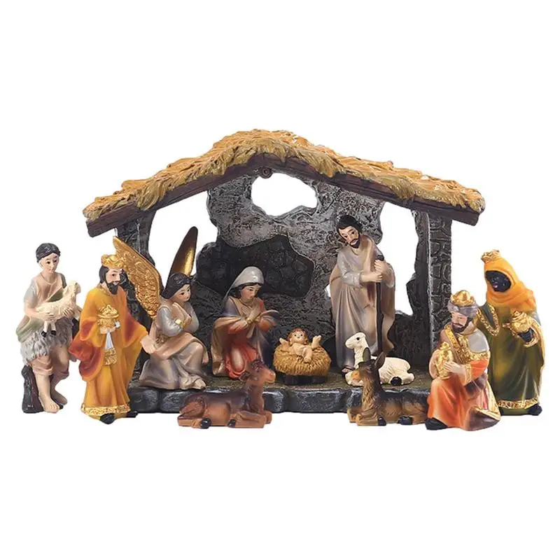 Estatua de la Natividad para decoración del hogar, conjunto de figuras de cuna de Navidad del Santo pesebre, adorno en miniatura, regalo de Iglesia, 12 piezas