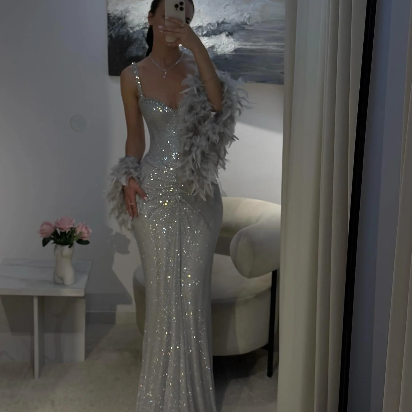 Amanda Customized Gray Sequin Glitter Spaghetti Strap Prom Dress Mermaid vestidos de noche Feathers Shawl Formal Evening 2025 image 5