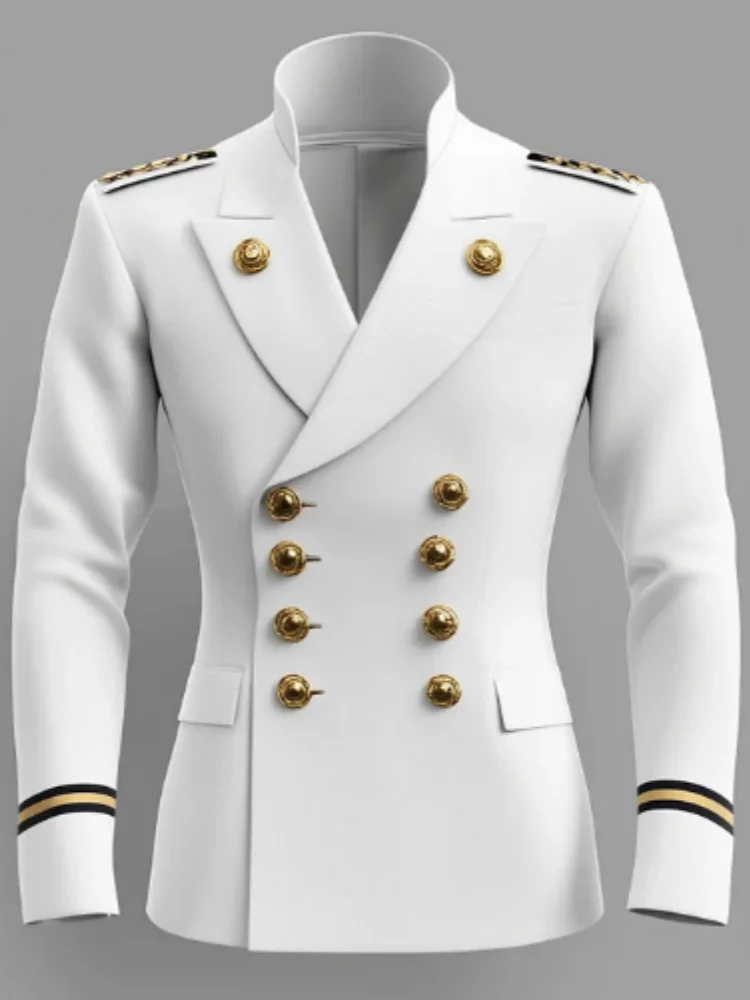 Navy Style Uniform Blazer Men Stand Collar Double Breasted Gold Buttons Cuff Stripe Formal Dress Jacket