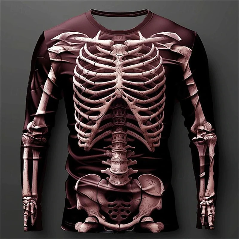 New 3D Skeleton Skull Pattern Printed T-shirt Men Long Sleeve Casual Fashion T Shirt Top Breathable Streetwear Loose Tees Shirt