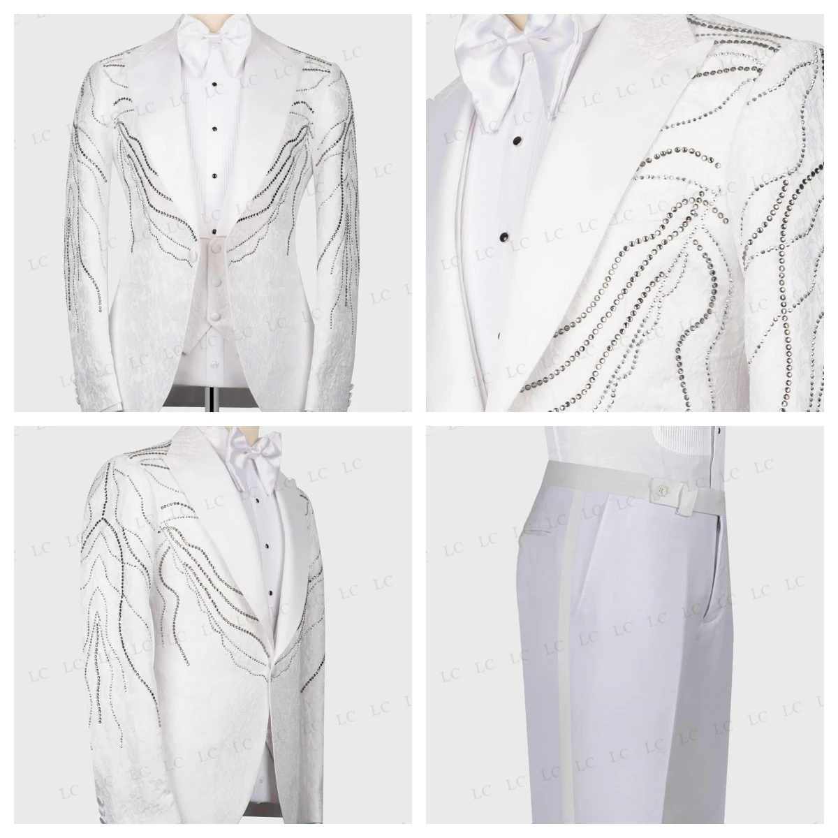 

Jacquard 3 Pieces Men Suits Blazer Vest Pants One Button Satin LapelCustom Beadings Plus Size Formal Prom Wedding Groom Tailored