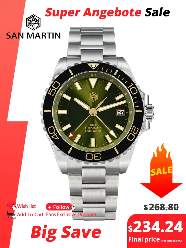 San Martin 39mm Diver GMT Watch Enamel Dial NH34 Stainless Steel Luxury Men Watch Automatic Mechanical Sapphire Luminous SN0136