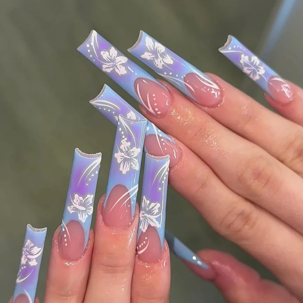 10Pcs Handmade Manicure Long Ballet Fake Nails Purple Limited  Nails Press On Nails Elegant Design with Adhesive Nail File Set