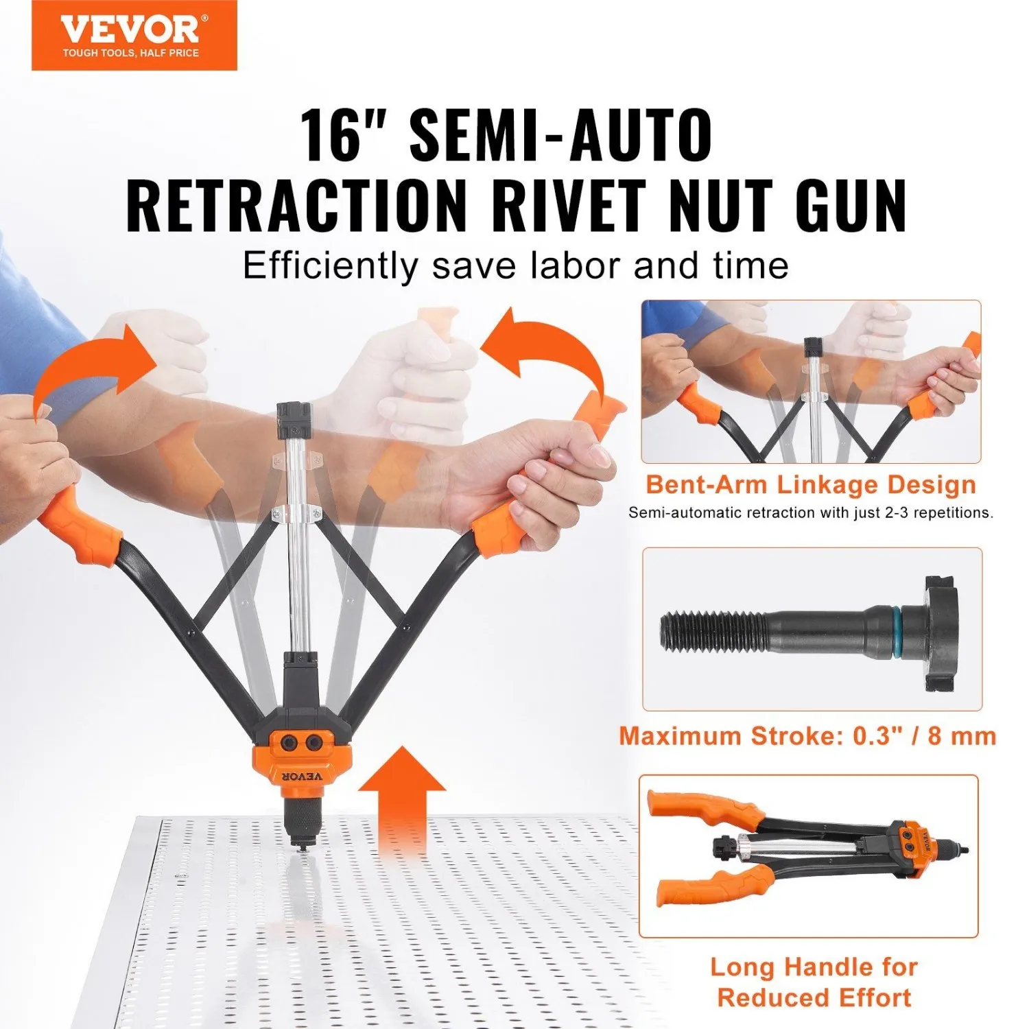 VEVOR Rivet Nut Tool, 16 inch Rivnut Tool Kit with 13PCS Metric and SAE Mandrels, 186PCS Rivet Nuts, Semi-auto Retraction, M3, M