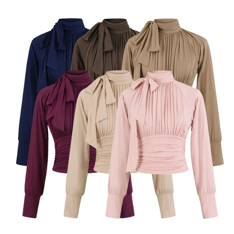 

French Style Mature Chic Tie Shirt Top for Women Unique Slim Fit High Waist Short Long Sleeve T-Shirt QYFS