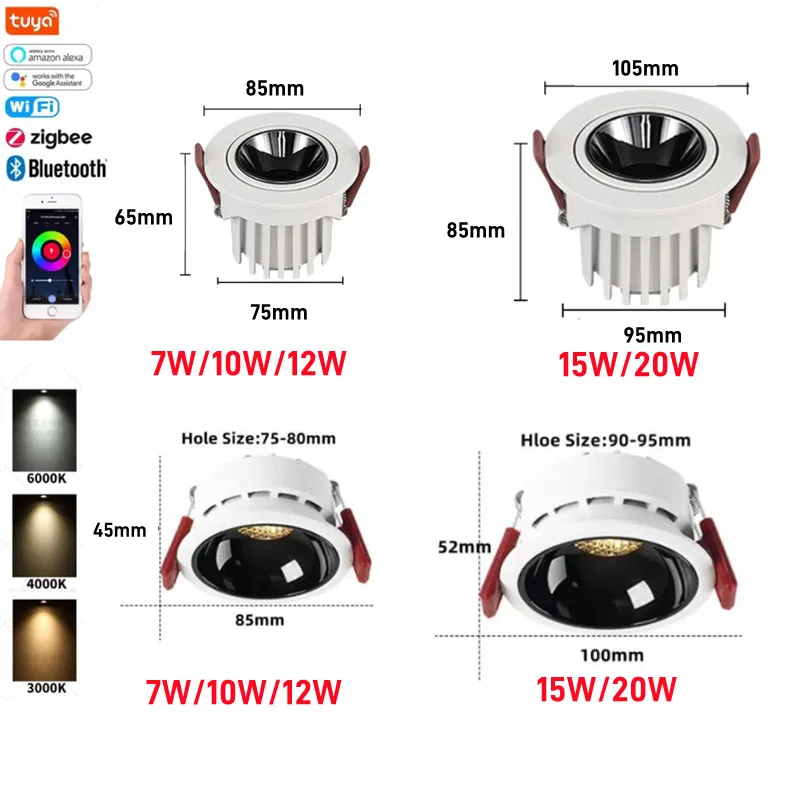 Ściemnianie inteligentna świetlówka LED COB lampa sufitowa 7W/10W/12W/15W/20W Zigbee wbudowane antyodblaskowe oświetlenie wewnętrzne AC85-265V