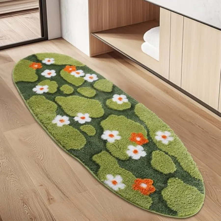 

Green Floral Long Moss Bathroom Runner Rug Bath Mat Ultra Thick Soft 3D Aesthetic Decor Cute Tufted Bath Rug Non Slip Absorbent