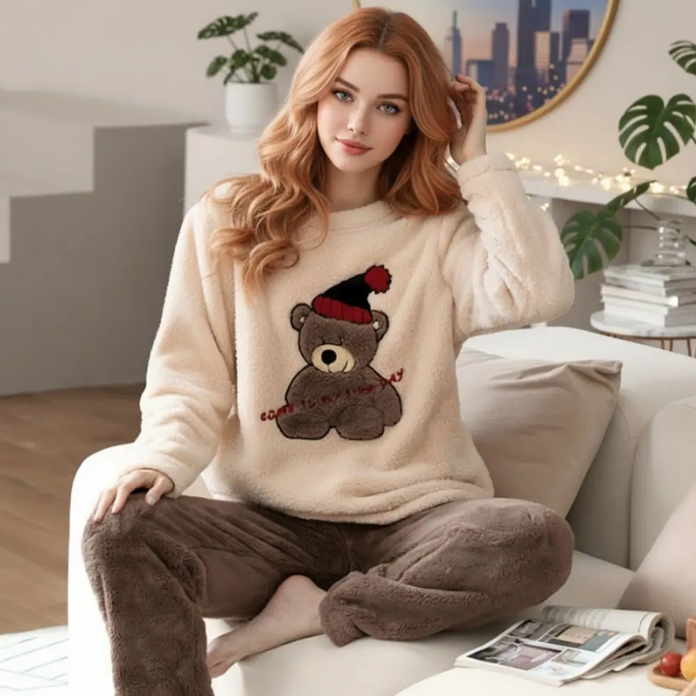 

2pcs/Set Coral Fleece Women's Pajamas Set Thickened Cartoon Bear Home Clothes Set Warm Large Size Round Neck Pajamas Set