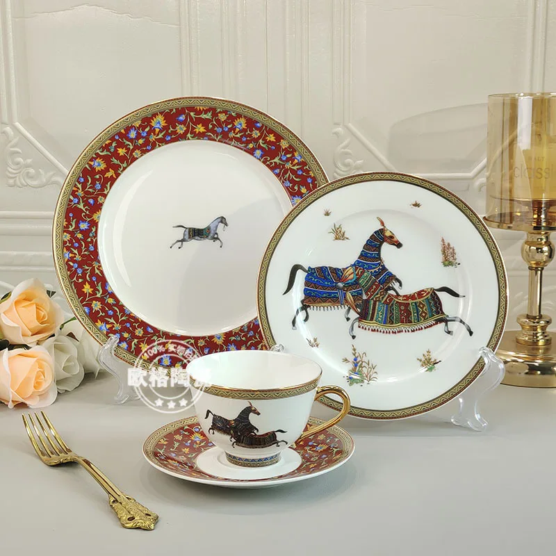 

Premium Light Luxury Retro Western Dinner Plate Coffee Cup Saucer String Plate Bone China Tableware Elegant Household Dining