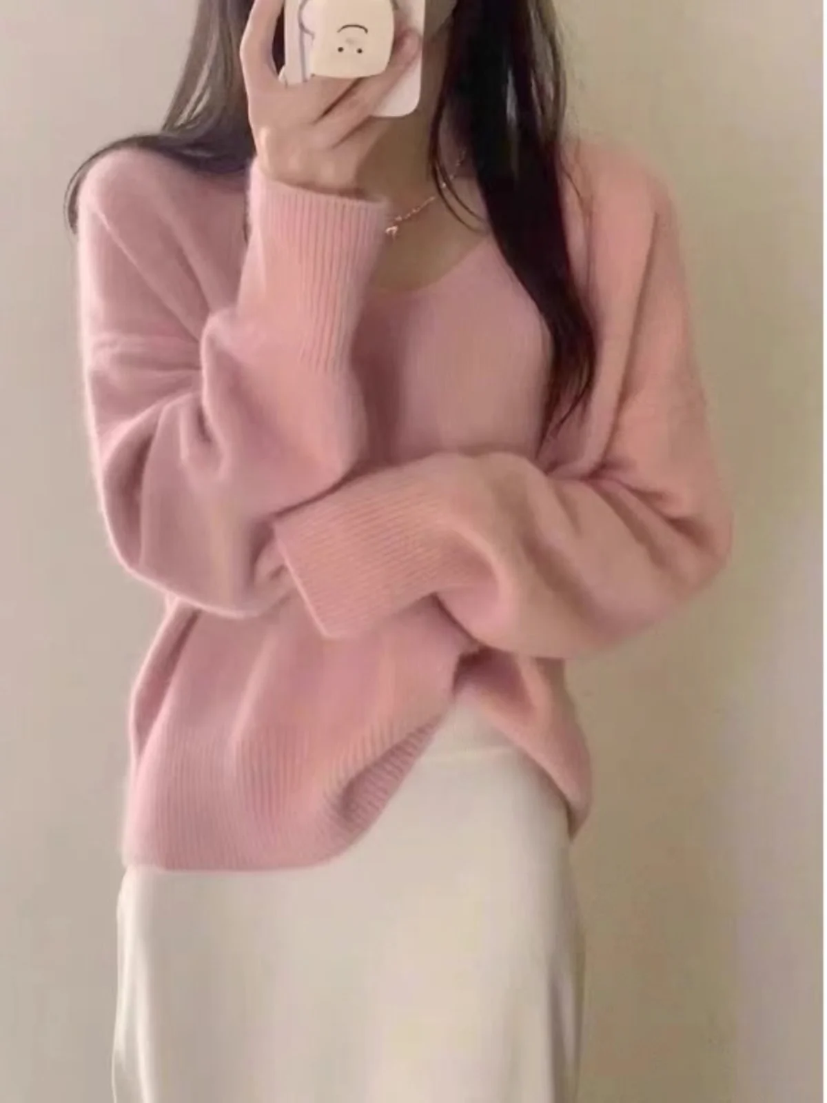 

Розовый сладкий вязаный свитер с v-образным вырезом и мехом енота, свободный удобный весенне-осенний пуловер, женский мягкий ленивый трикотаж, топ