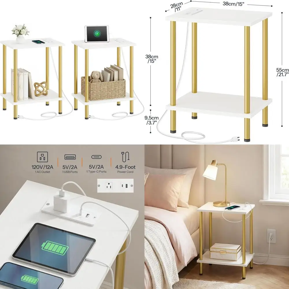 

Pair of White and Gold End Tables with USB Ports and Outlets, Ideal for Small Spaces in Living Rooms and Bedrooms