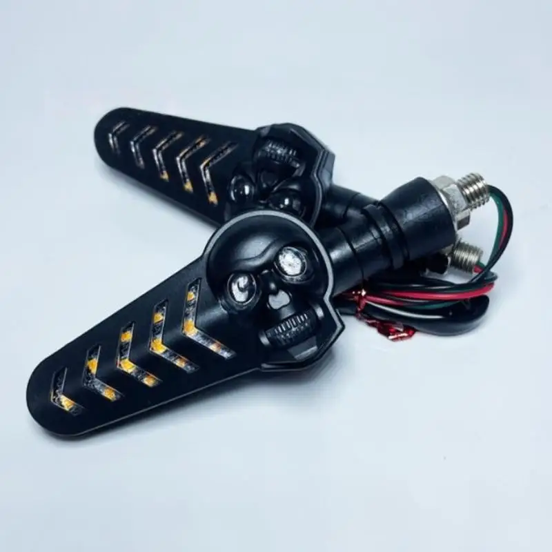 1 Pair Dual Color Skeleton Arrow Amber Flashing Blinker Indicator Motorcycle Skull Head LED Turn Flowing Signal Light