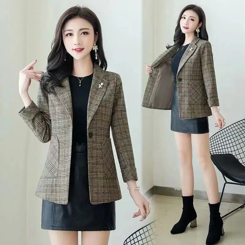 

2022New Spring Autumn Fashion Plaid Wool Women Blazer Suit Jacket Long Sleeve Lady Suit Coat Slim Female Blazers Coats TopsR1936