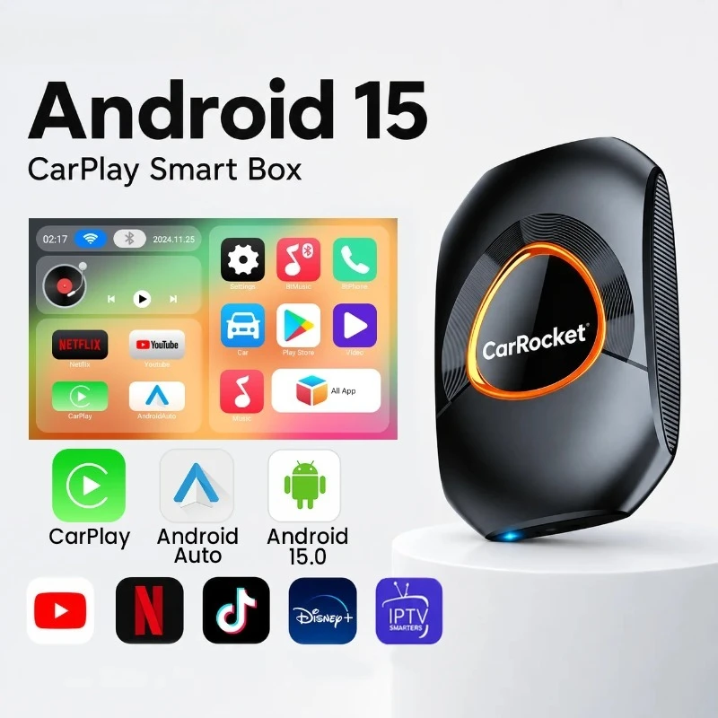 CarRocket CarPlay Ai Box Android 15 Wireless Android Auto USB Adapter Plug & Play For Youtube Netflix Toyota Mazda Hyundai Ford