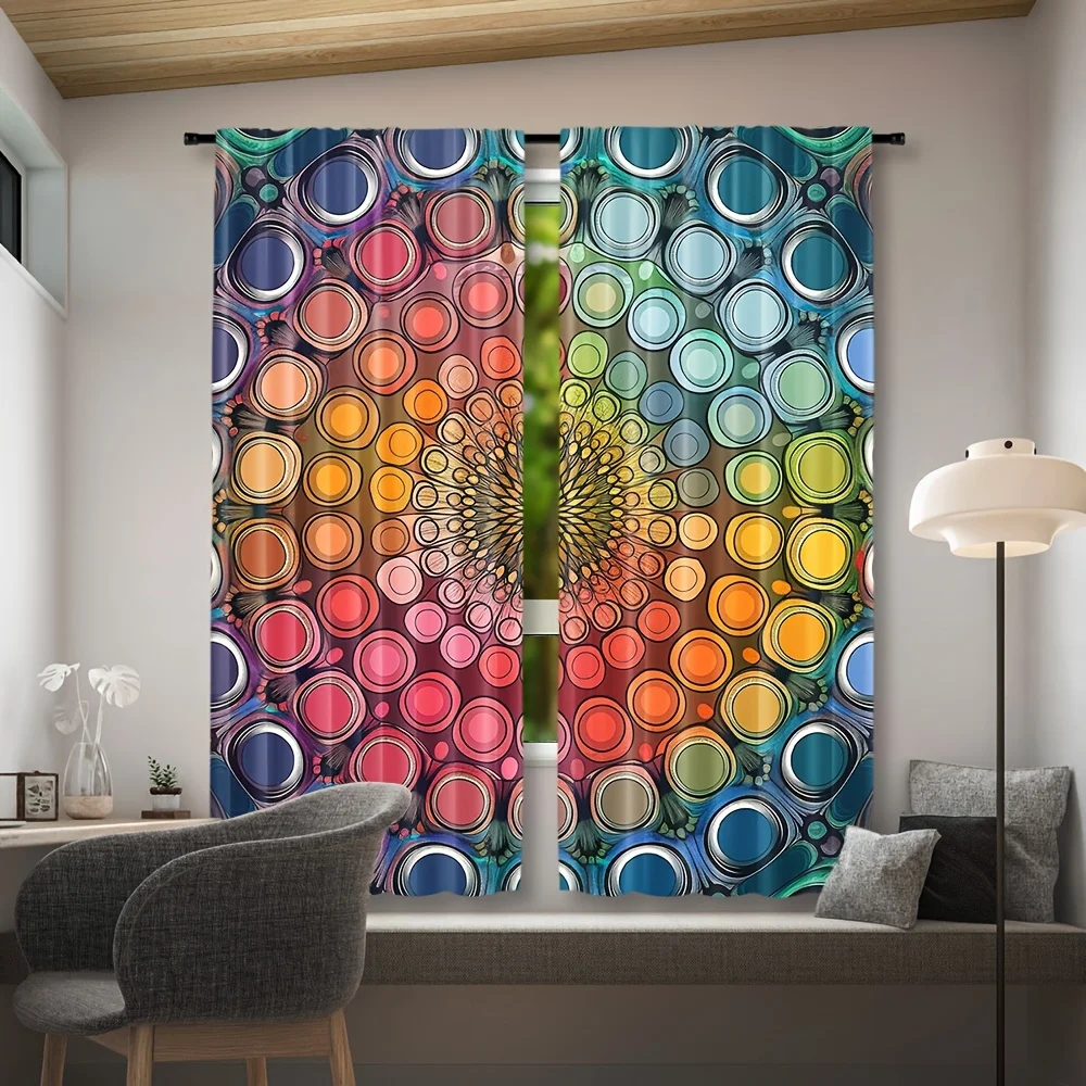 Rainbow Circle Mandala Rod Pocket Curtain Gradient Color Concentric Ring Abstract Print Vibrant Decor Living Bedroom Home Window