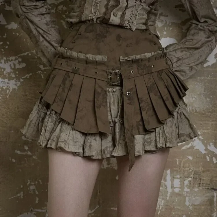 

Fashion Heavy Vintage Ruched Skirt for Women 2025 Summer New High Waist Skirts Y2k Fake Two Piece All-match Faldas Mujer