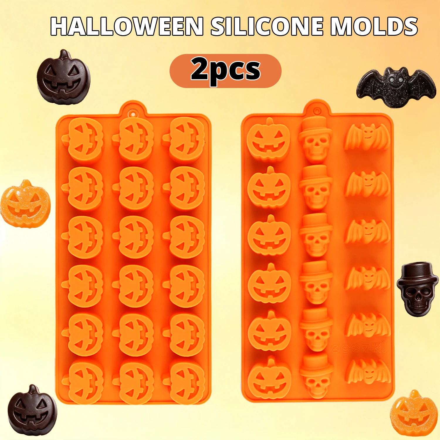 Halloween pumpkin and skull silicone baking molds, 2 pieces, featuring skull, bat, pumpkin and other shapes, suitable for making chocolate, candy, resin epoxy DIY baking molds
