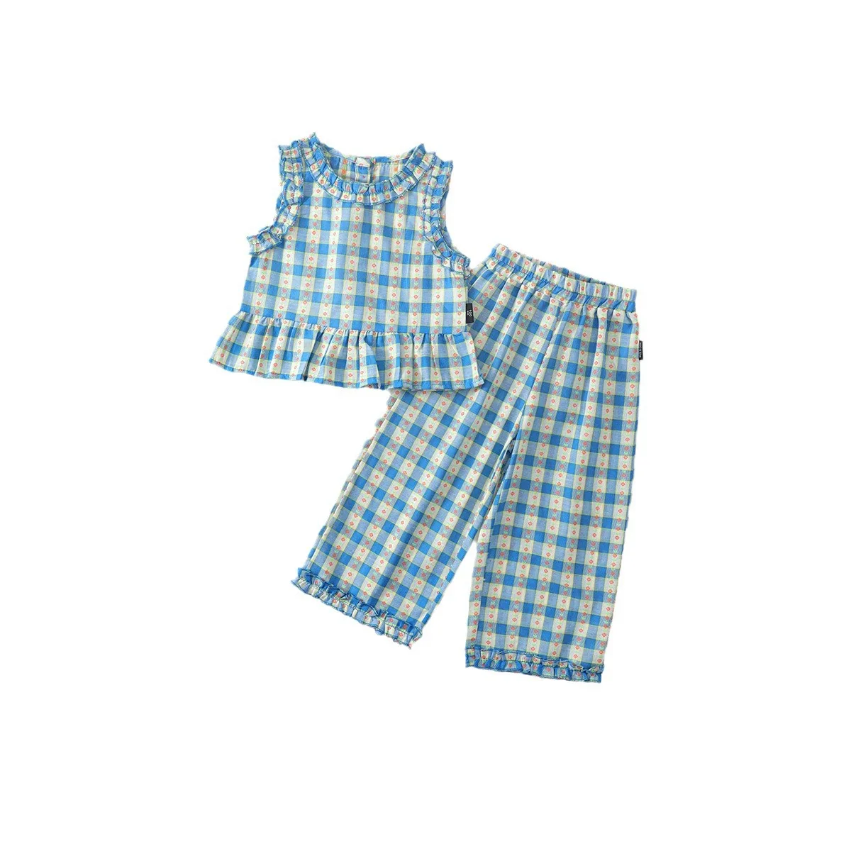 

Blue Checkered Summer Outfit for Girls Baby Girls Sleeveless Top with Straight-Leg Pants Two-Piece Set