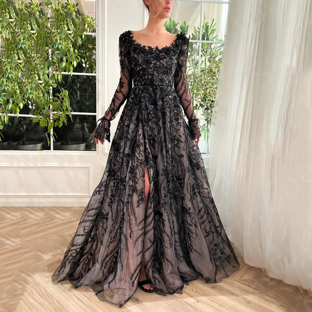 Latest Luxury Black Evening Dresses Long Sleeves 2024 Prom Party Gowns Illusion Neck Back Out Wedding Guest Dress Thigh Slit