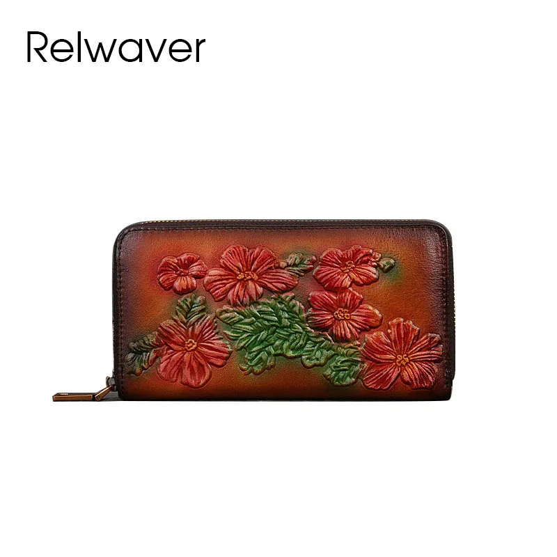 

Relwaver natural cow leather wallet 2024 spring summer long purse Chinese style three dimensional floral zipper wallet women