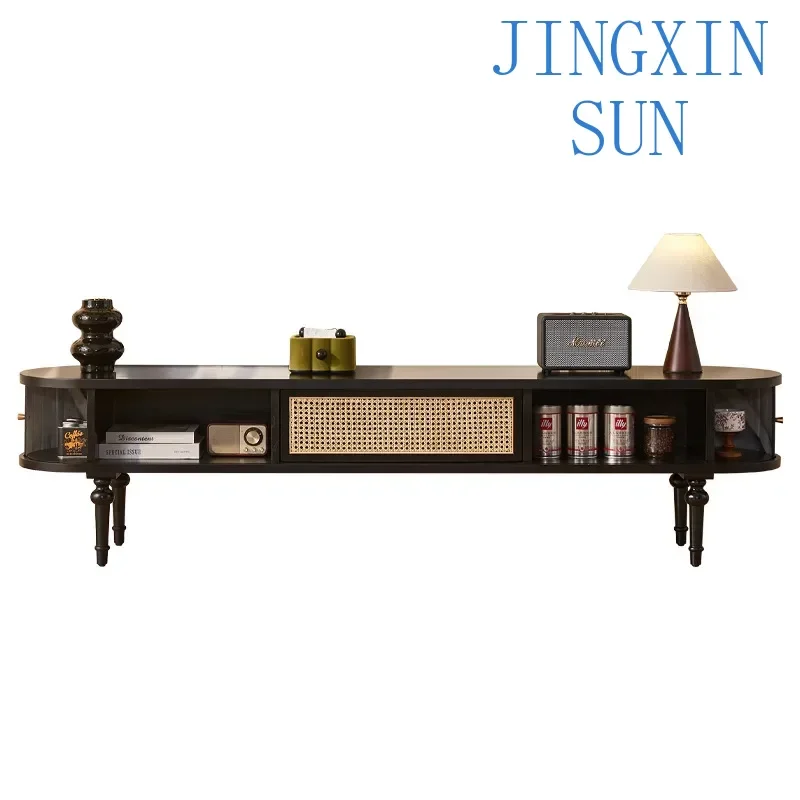 Solid wood TV cabinet rattan living room small apartment Nordic high-footed creative slide rail cabinet door locker