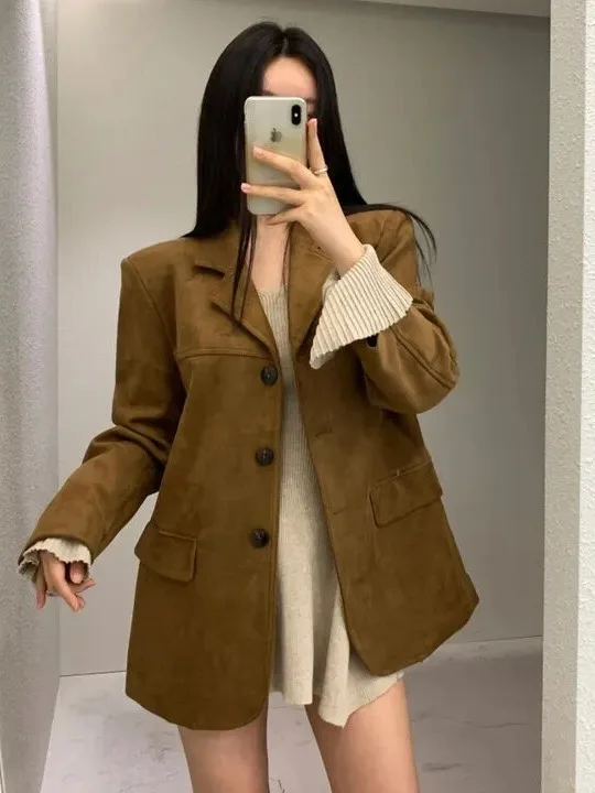 Women's Casual Sle Loose Fit Leather Jaet Autumn Winter New Arrival Versatile Mid-Length Commute Friendly Single Button