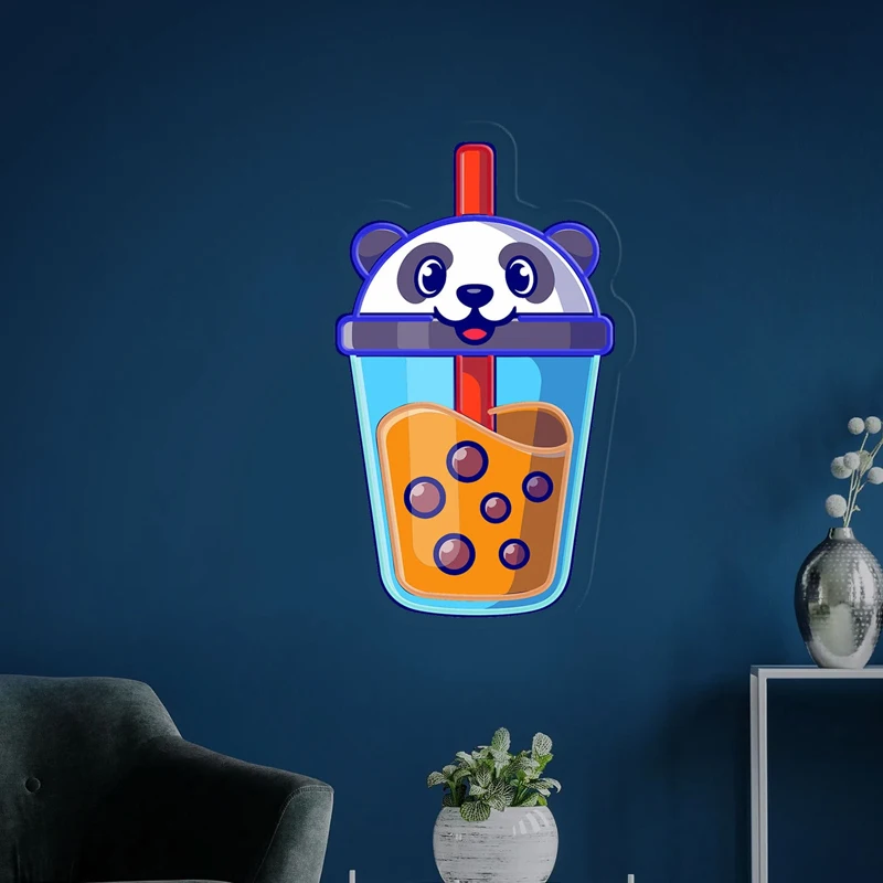 Cute Panda Boba Neon Sign Milk Tea Neon Sign stampa UV Boba Sign for Coffee Bar Room Decor Bar decorazione Wall Art Light