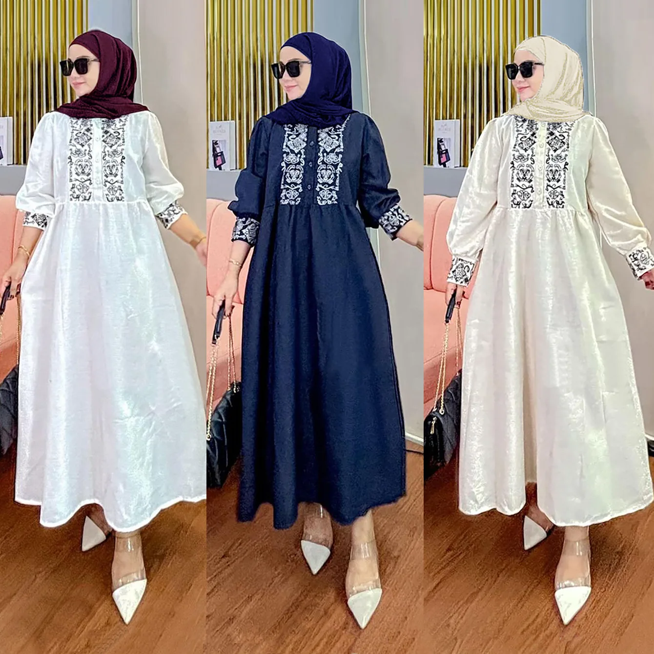 

Muslim Women Embroidery Loose Maxi Dress Cotton Linen Kaftan Eid Ramadan Aarb Robe Turkey Dubai Abaya Islam Gown Caftan Djellaba