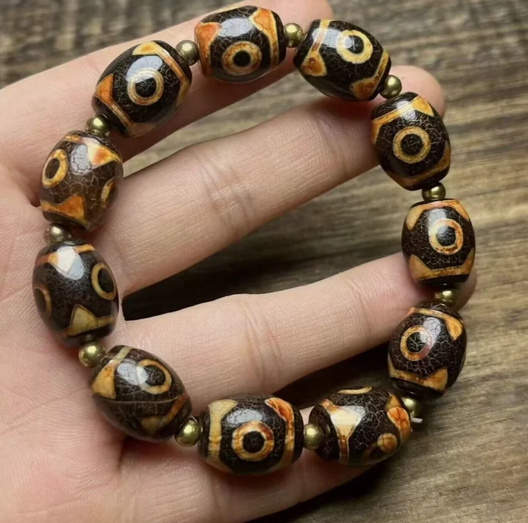 Tibetan Dragon Vein Old Agate Dzi * 3 eyes * Beads Bracelet M3186